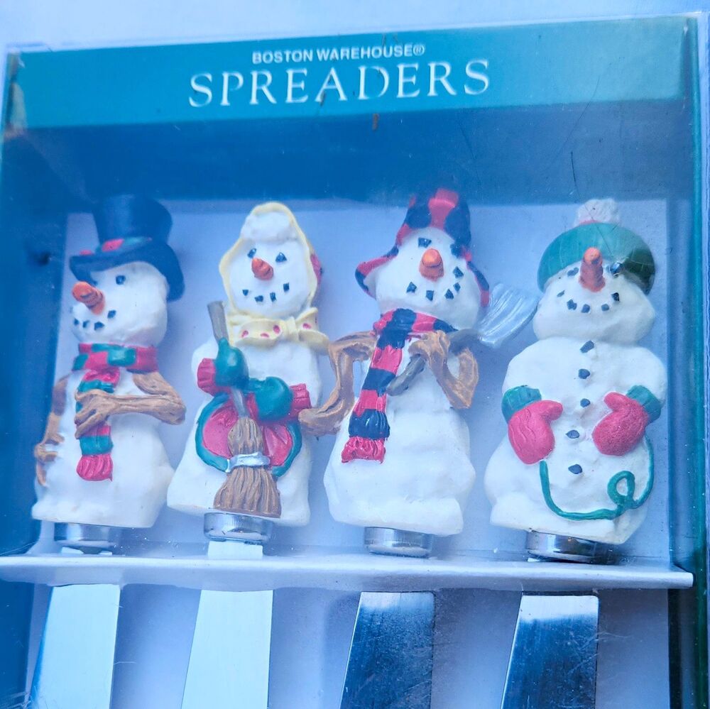 Vtg Boston Warehouse Folk Snowman Spreaders Set of 4 Christmas Cheese Knives NIB